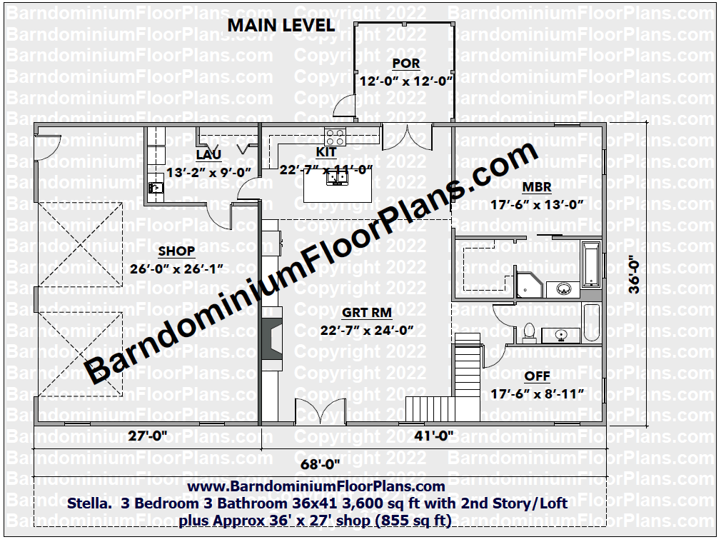BarndominiumFloorPlans  tella-main-level-3Bed-3Bathroom-36x41-3600-sq-ft-with-2nd-Story-Loft-plus-Approx-36x-27-shop-855-sq-ft