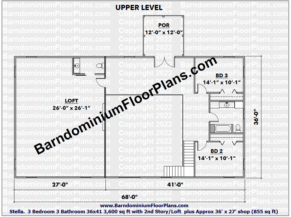 BarndominiumFloorPlans Stella-upper-level-3Bed-3Bathroom-36x41-3600-sq-ft-with-2nd-Story-Loft-plus-Approx-36x-27-shop-855-sq-ft