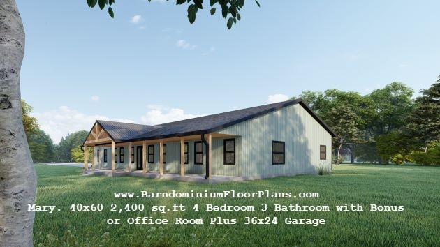BarndominiumFloorPlans Mary 40x60 2,400 sq.ft 4 Bedroom 3 Bathroom with Bonus or Office RoomPlus 36x24 Garage