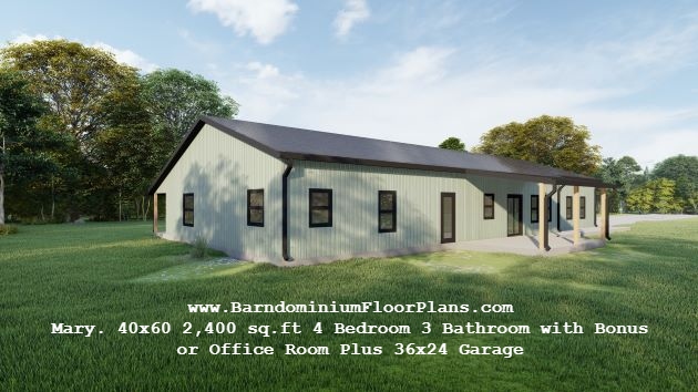 BarndominiumFloorPlans Mary 40x60 2,400 sq.ft 4 Bedroom 3 Bathroom with Bonus or Office RoomPlus 36x24 Garage