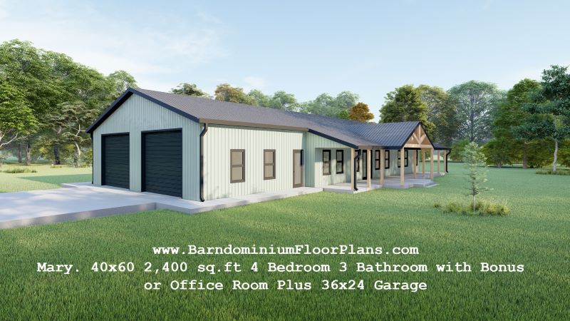 Mary Barndominium 3D Rendering 40′ x 60′ 4-bedroom 3-bathroom 2,400 sq ft living 36′ x 24′ garage
