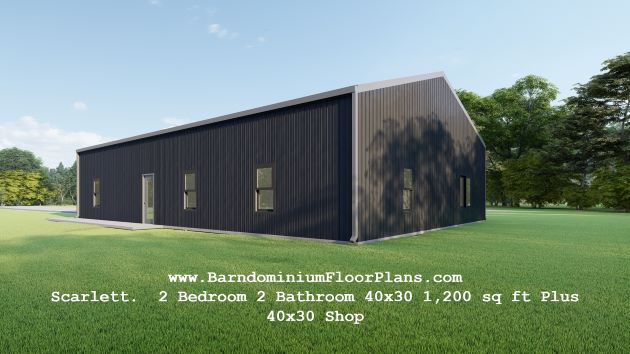 BarndominiumfloorPlans Scarlet-Barndominium-3d-rendering-1200-sq-ft-Floor-Plan-2-Bed-2-Bath-plus-Shop