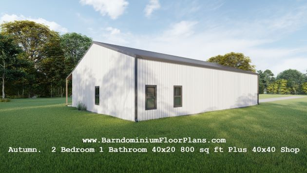 autumn-barndominium-frontview-800-sq-ft-floor-plan-2bed-1bath-with-shop