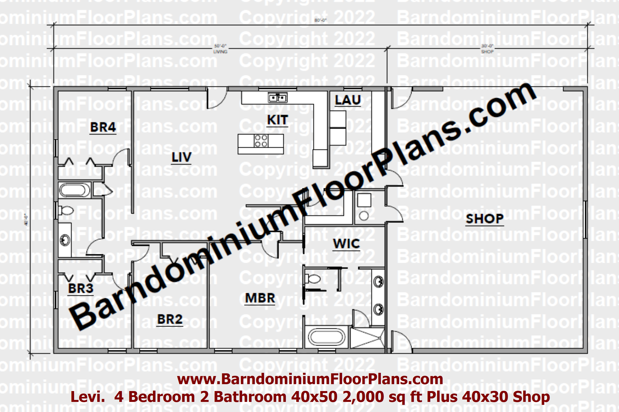 barndominiumfloorplans levi barndominium 40x50 2,000 sqft floor plan 4bed 2bath plus shop