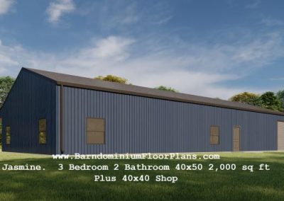 Jasmine barndominium floor plan 50x40 2,000 sq.ft with porch plus shop