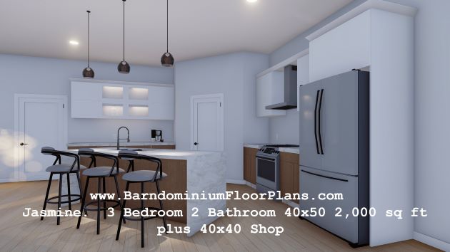 Jasmine barndominium floor plan 50x40 2,000 sq.ft with porch plus shop