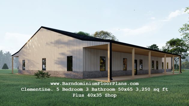 Clementine-barndominium-3d-rendering-sideview-5bed-3bathroom-3250-sq.ft-plus-shop