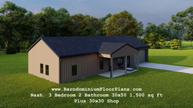 barndominiumfloorplans.com Nash Barndominium 3 bed 2 bath 1,980 sqft Floor Plan with Master Suite plus Shop
