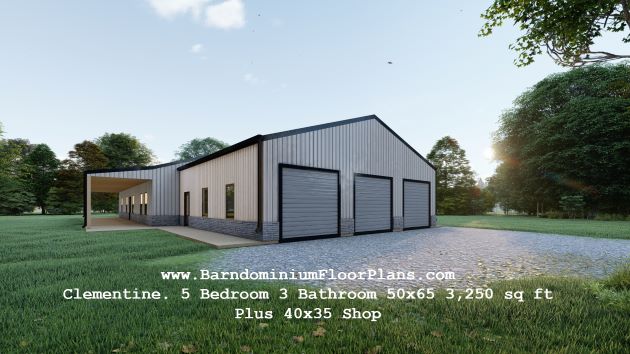 Clementine-barndominium-3d-rendering-sideview-5bed-3bathroom-3250-sq.ft-plus-shop