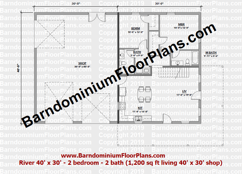 River Barndominium 40x30 2Bedroom 2 Bath with Loft 1200 sqft Floor Plan
