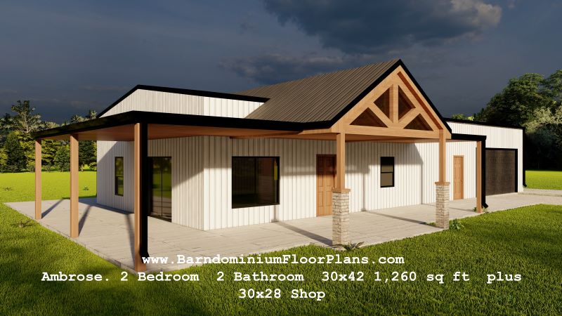Ambrose-barndominium-1260-sqft-floor-plan-2bed-2bath-plus-shop-barndominiumfloorplans.com