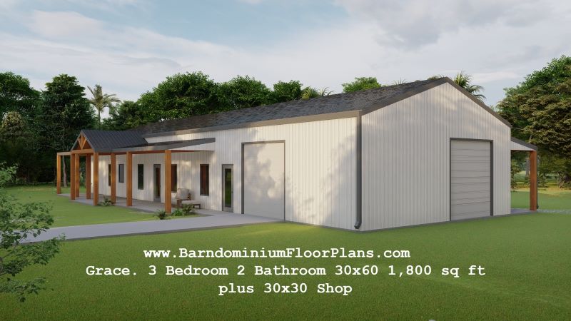 Grace-barndominium-front-porch-3Bed-2-Bath-30x60-1800-sqft-plus-30x30-Shop