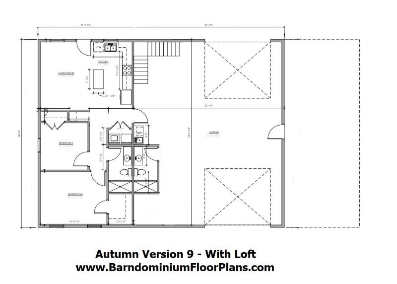 Autumn V9 barndominium 40x50 sqft floor plan 2000 sqft floor plan 2beds 2bath plus garage