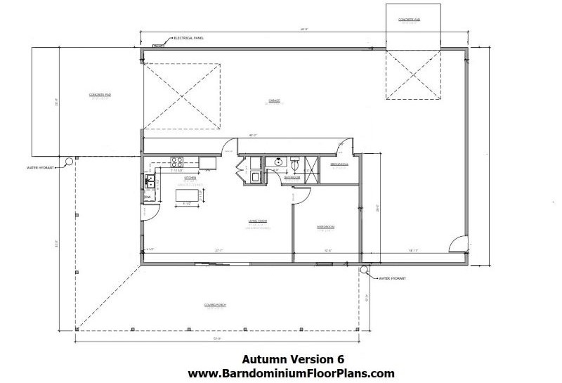 Floor Plan for Autumn Version 6 Barndominium in a 40' x 60' building with 1 Bedroom 1 Bathroom in 800 sq ft of living area with 1,600 sq ft Garage