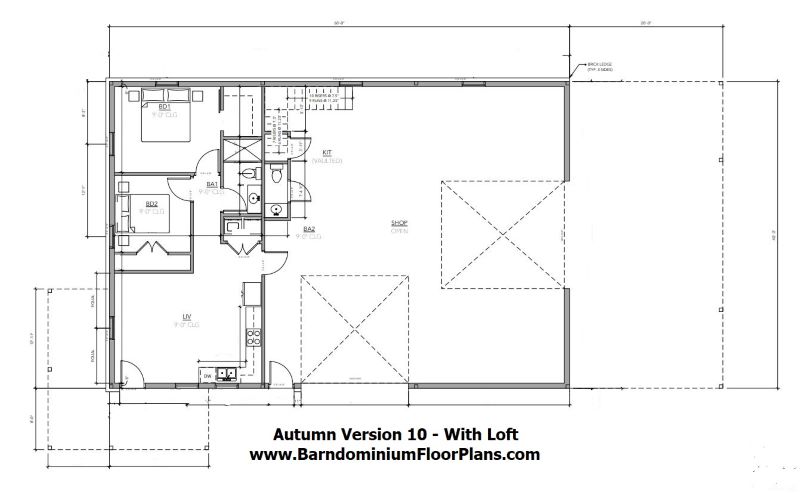 Autumn Version 10 Barndominium plan in a 40' x 60' building with 2 Bedrooms 1.5 Bathrooms in 800 sq ft plus loft and shop