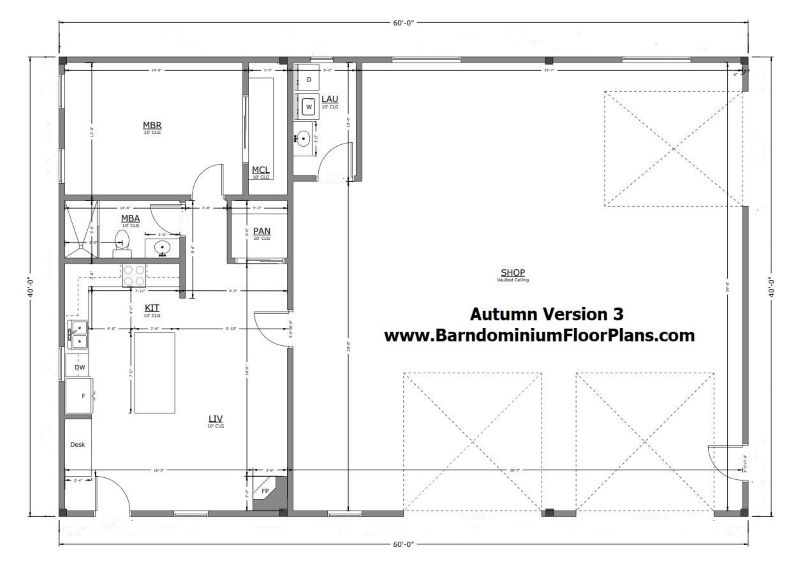 Autumn Version 3 Barndominium 40′ x 60′ – 1 Master Bedroom 1 Master Bathroom 1,200 sq ft Plus Shop Floor Plan