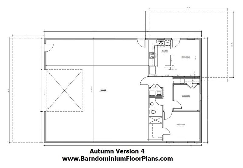Autumn Version 4 Barndominium 40′ x 60′ Building 2 Bedrooms 1 Bathroom 800 sq ft Plus 39′ x 38′ Garage Floor Plan