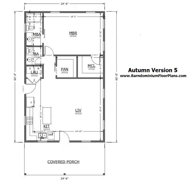 Autumn Version 5 Barndominium 40′ x 25′ – 1 Master Suite 2 Bathroom 1,000 sq ft