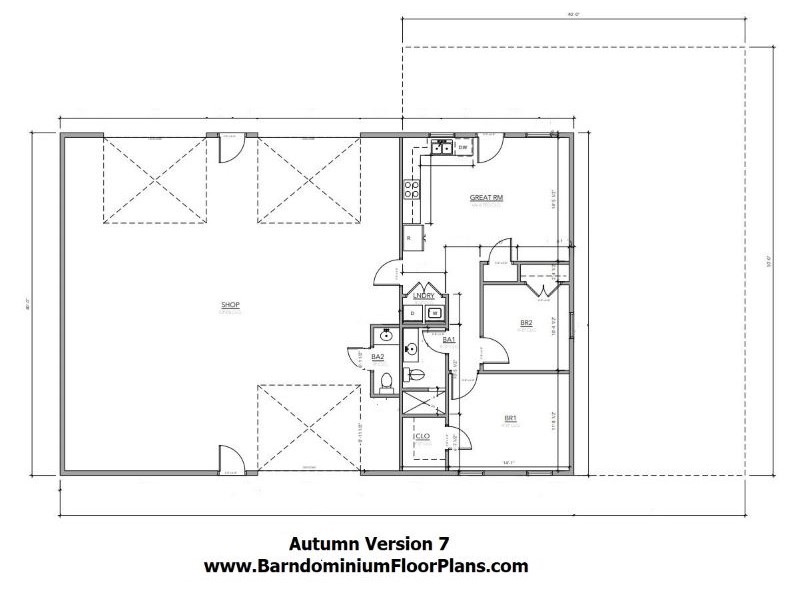 Floor plan for Autumn Version 7 Barndominium in a 40' x 60' building with 2 Bedrooms 1.5 Bathrooms in 800 sq ft living area with a 1,600 sq ft Garage